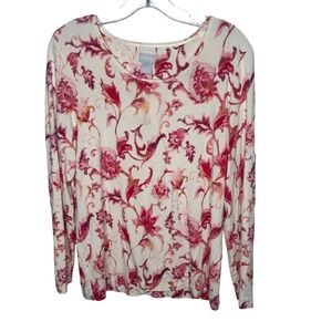 Chicos‎ Floral Print Long Sleeve Top Womens Size M Cream Pink Red Casual Knit